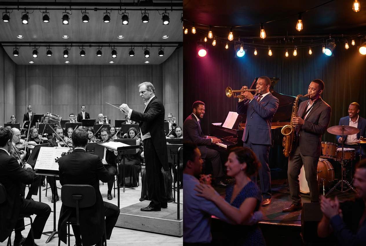 クラシックの指揮者とジャズミュージシャンの対比イメージ