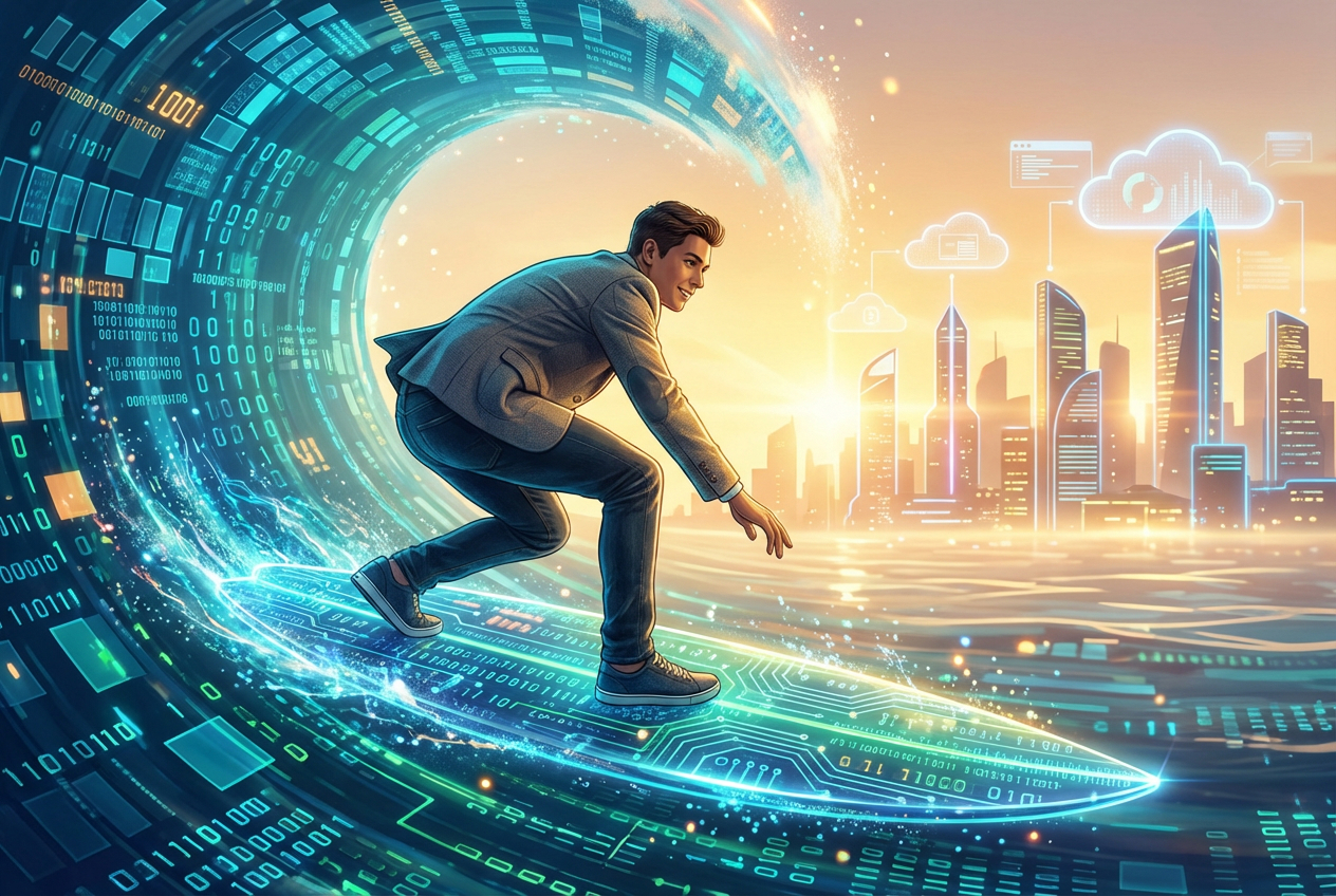 変化の波に乗るサーファーのようなビジネスパーソン