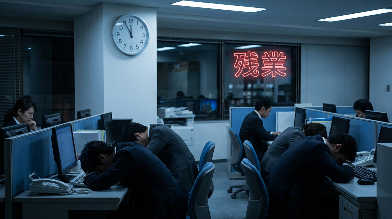 オフィスで残業する様子