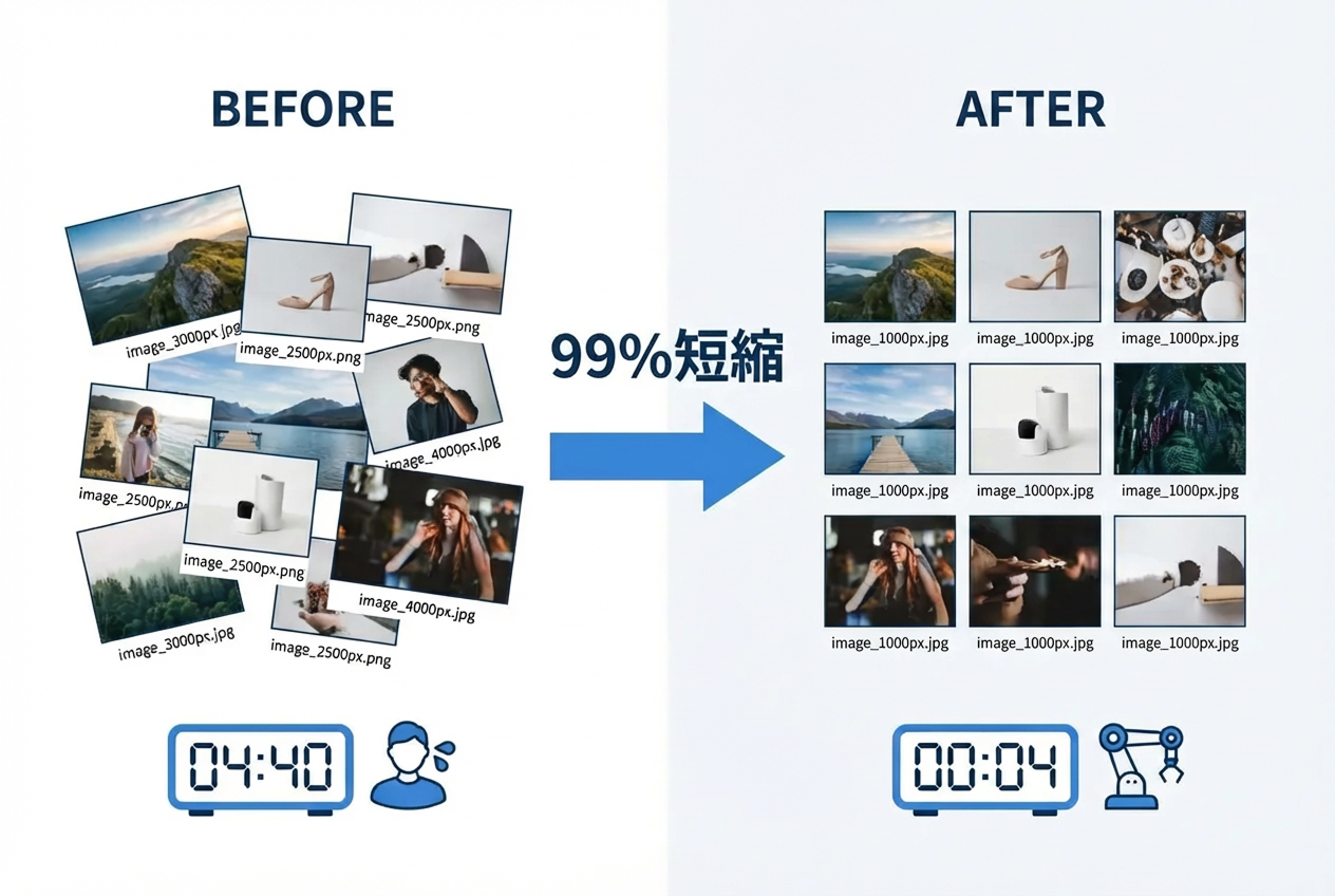 Before/After比較:手作業 vs 自動化 - 画像リサイズの時間短縮効果を視覚化