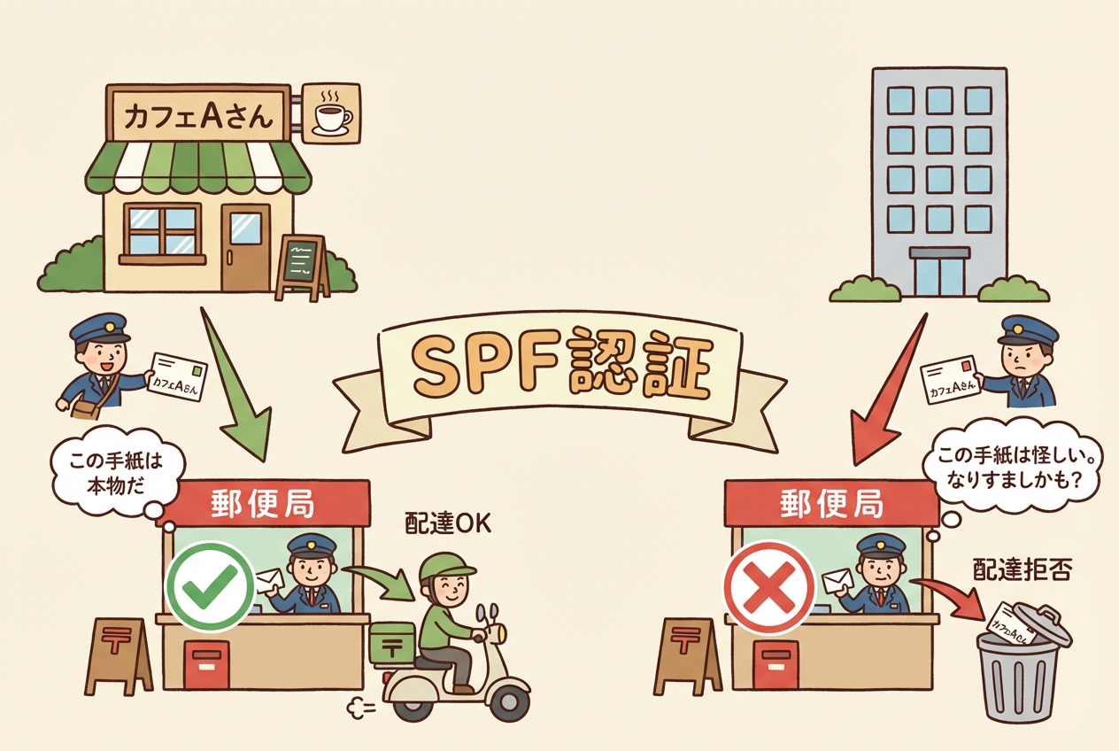 SPF認証の仕組み(郵便配達の例え)